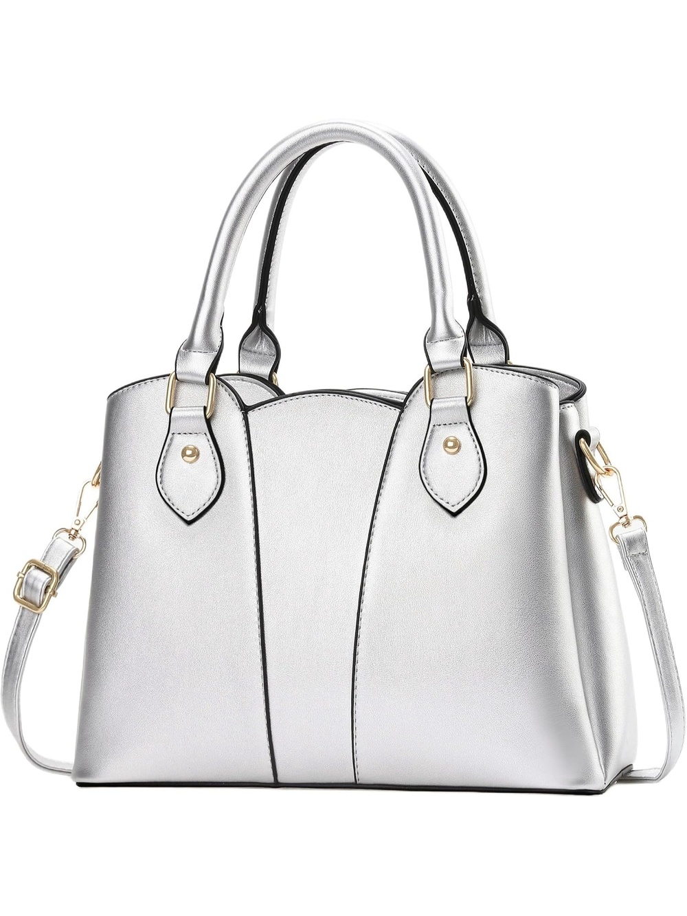 Women's Silver Vegan Leather Zipper Top-handle Satchel With Strap Shoulder Bag